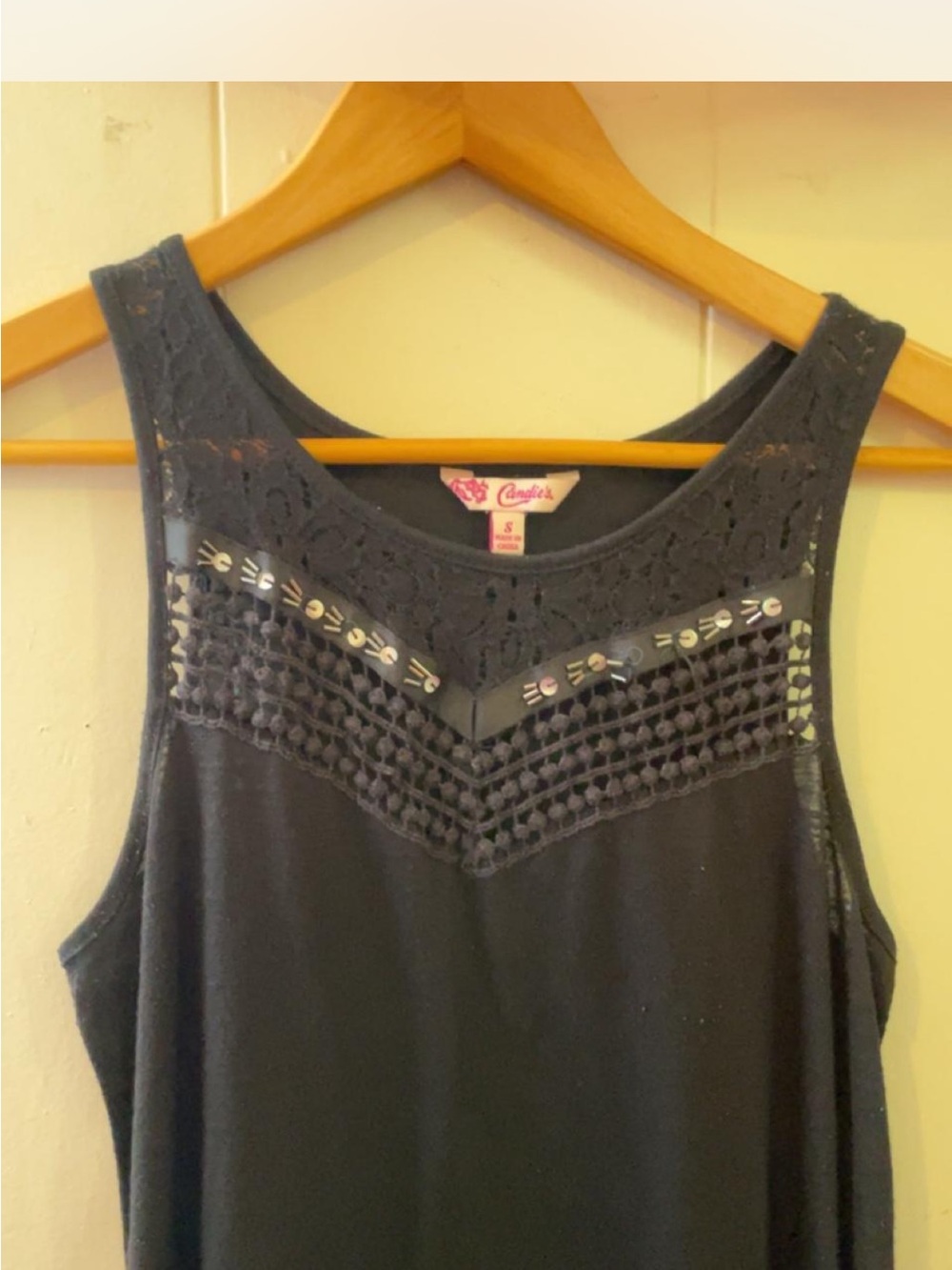 Candie's Navy Crochet Yoke Tank Top with Embellished Trim